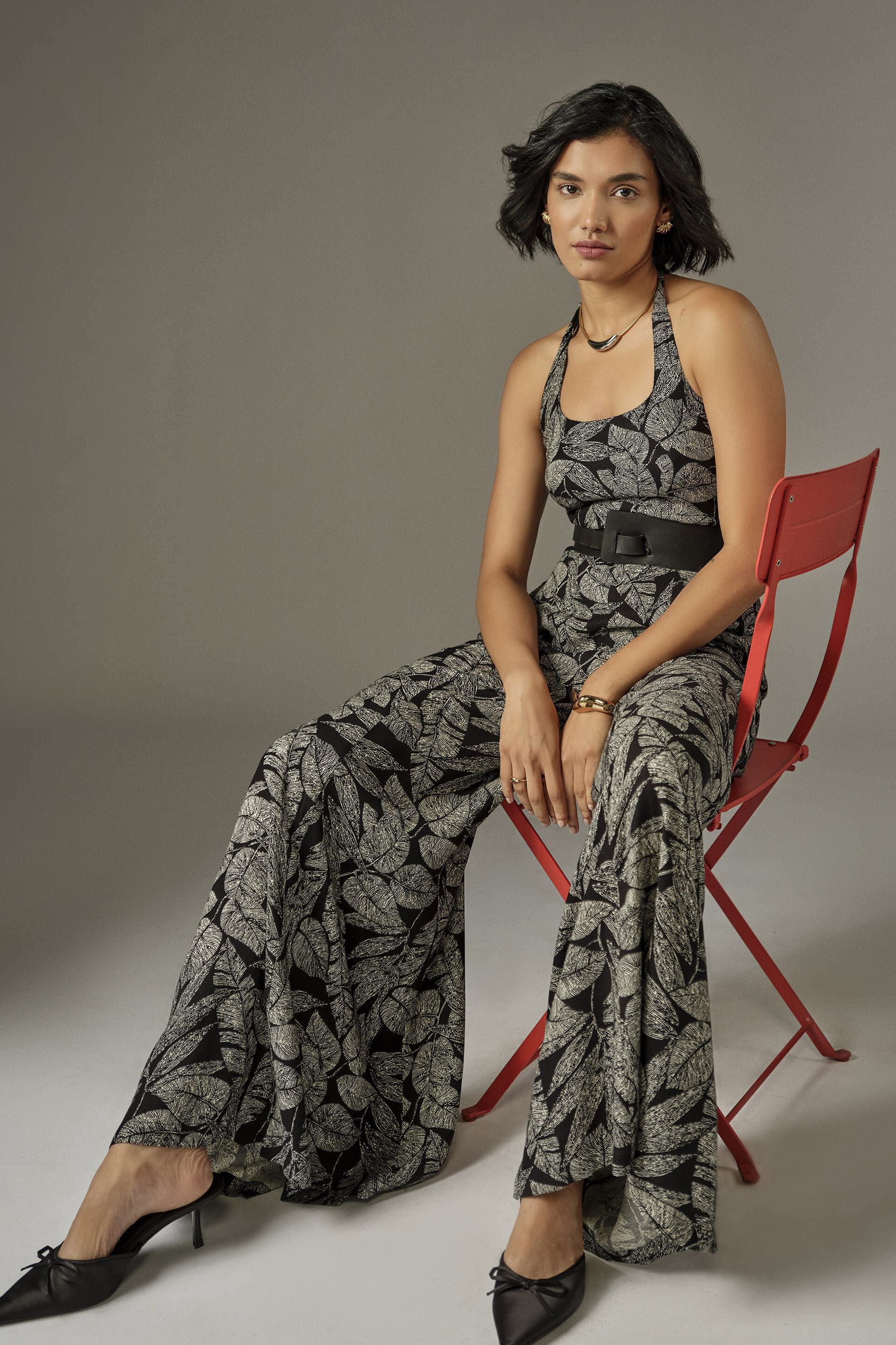 Flared Leaf Print Jumpsuit in Black, Black, image 2